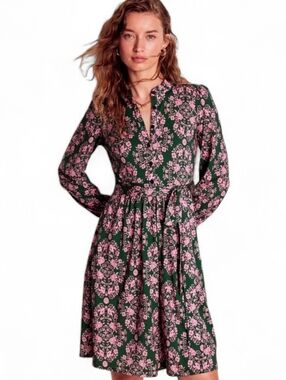 BODEN / ANTHROPOLOGIE Willow Ruffle Neck Belted Shirt Dress - Large